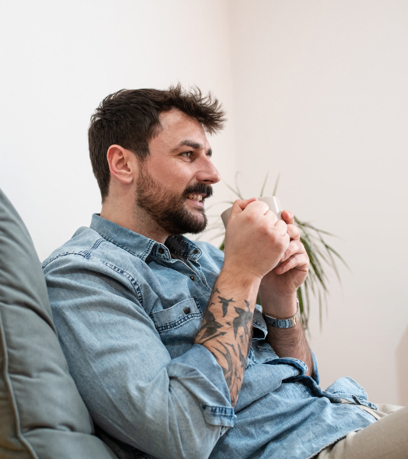 man drinking coffee on the couch